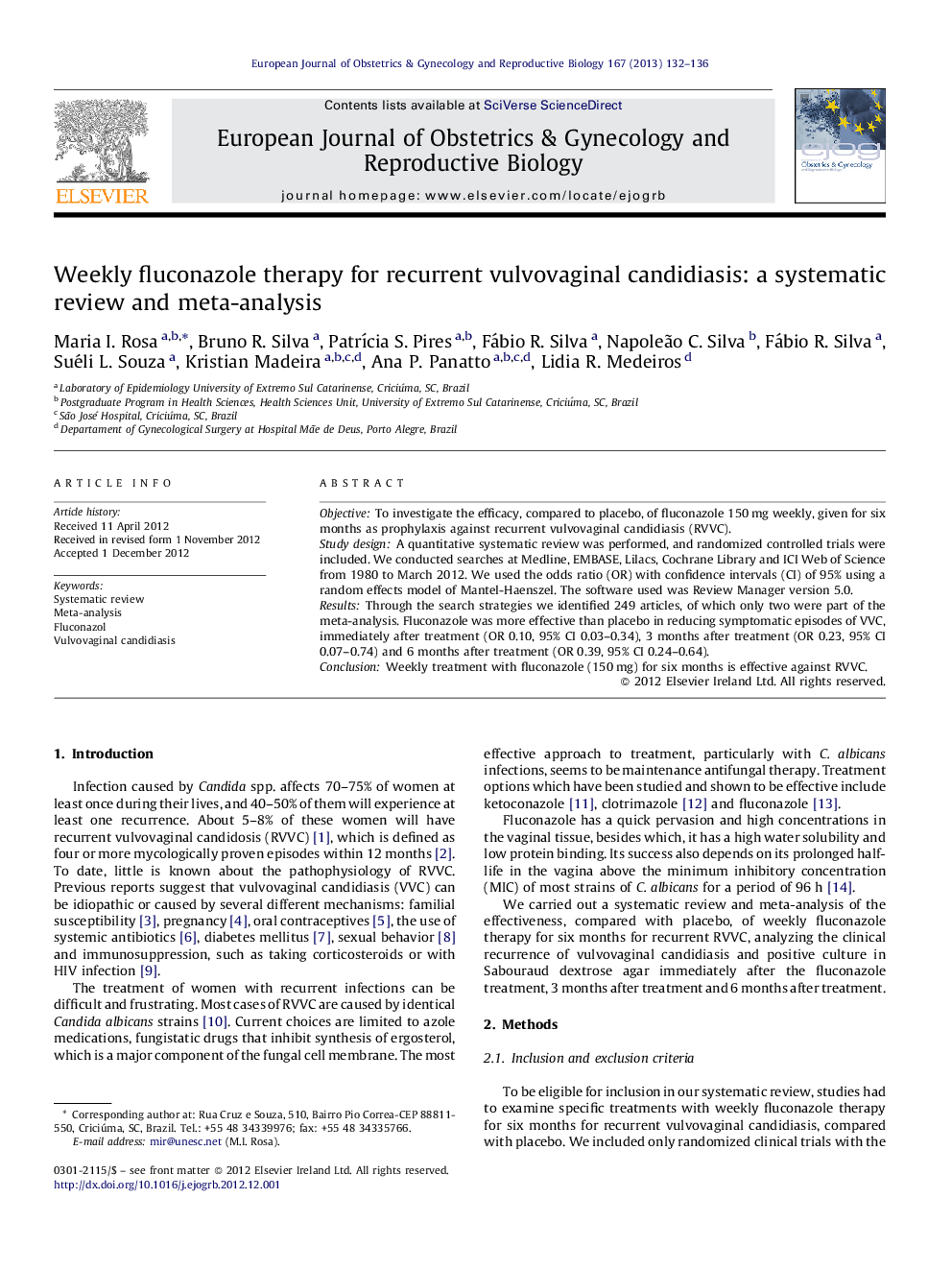 Weekly fluconazole therapy for recurrent vulvovaginal candidiasis: a systematic review and meta-analysis