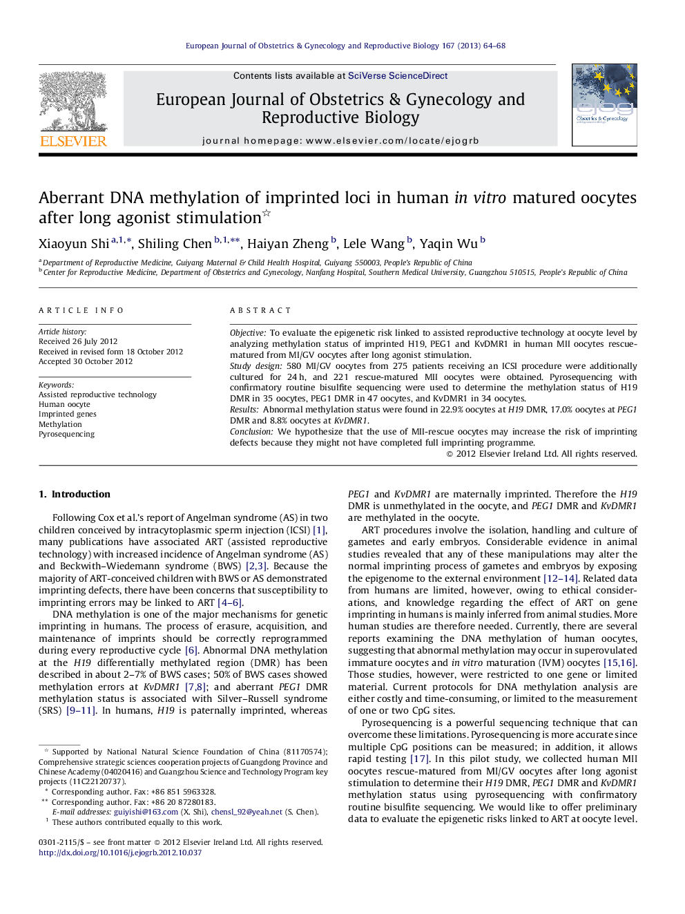 Aberrant DNA methylation of imprinted loci in human in vitro matured oocytes after long agonist stimulation