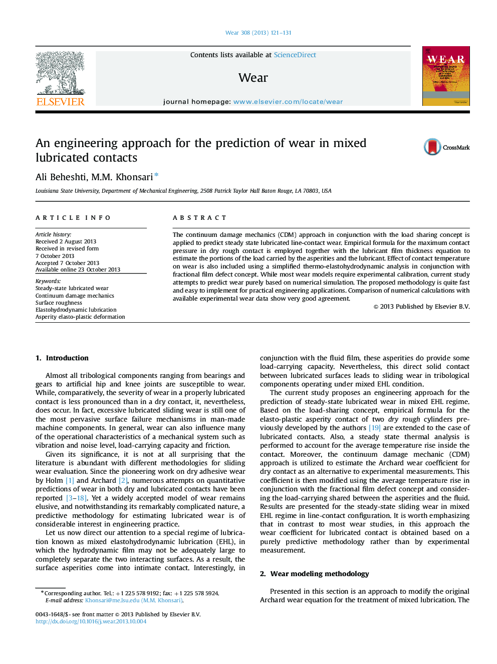 An engineering approach for the prediction of wear in mixed lubricated contacts