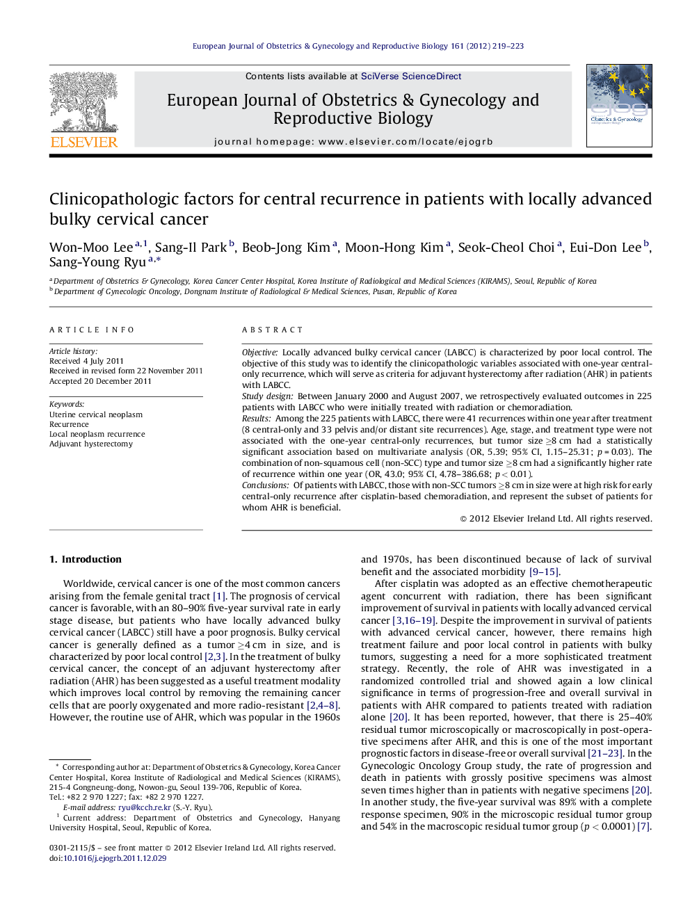 Clinicopathologic factors for central recurrence in patients with locally advanced bulky cervical cancer