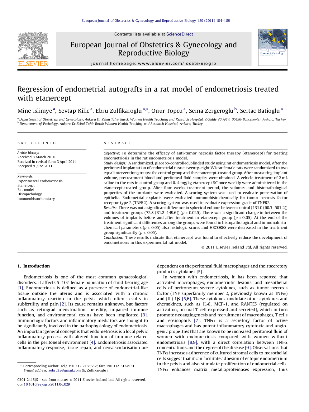 Regression of endometrial autografts in a rat model of endometriosis treated with etanercept