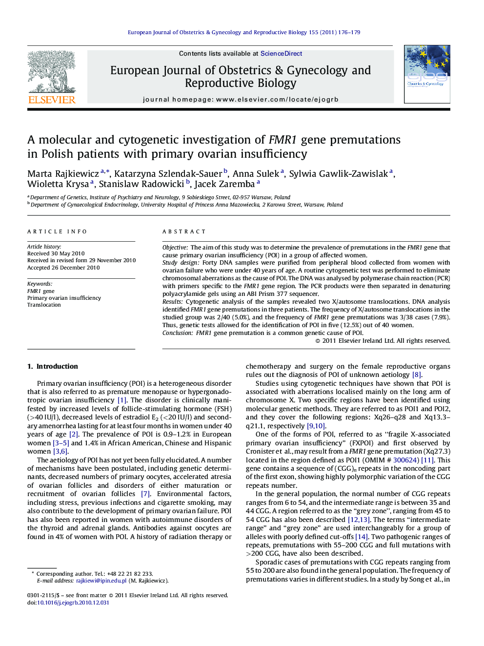 A molecular and cytogenetic investigation of FMR1 gene premutations in Polish patients with primary ovarian insufficiency