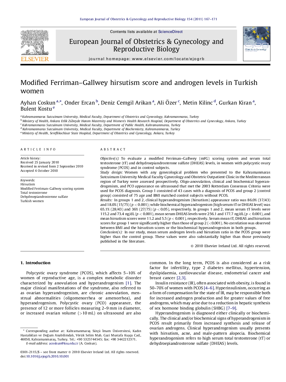 Modified Ferriman-Gallwey hirsutism score and androgen levels in Turkish women