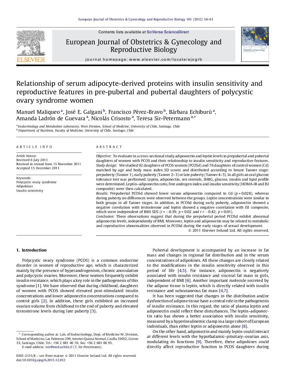 Relationship of serum adipocyte-derived proteins with insulin sensitivity and reproductive features in pre-pubertal and pubertal daughters of polycystic ovary syndrome women