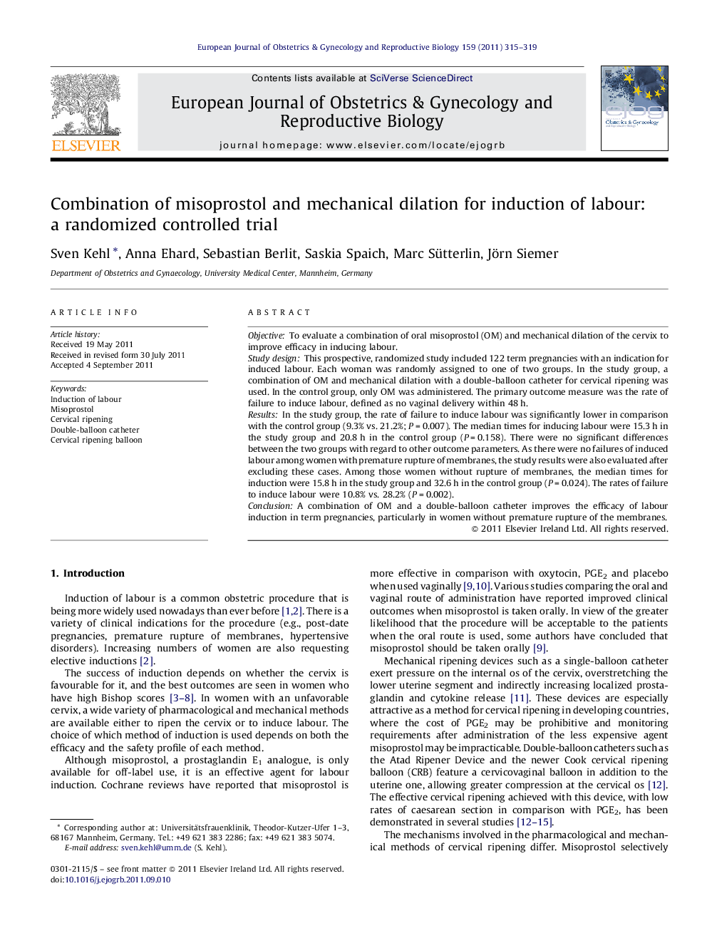 Combination of misoprostol and mechanical dilation for induction of labour: a randomized controlled trial