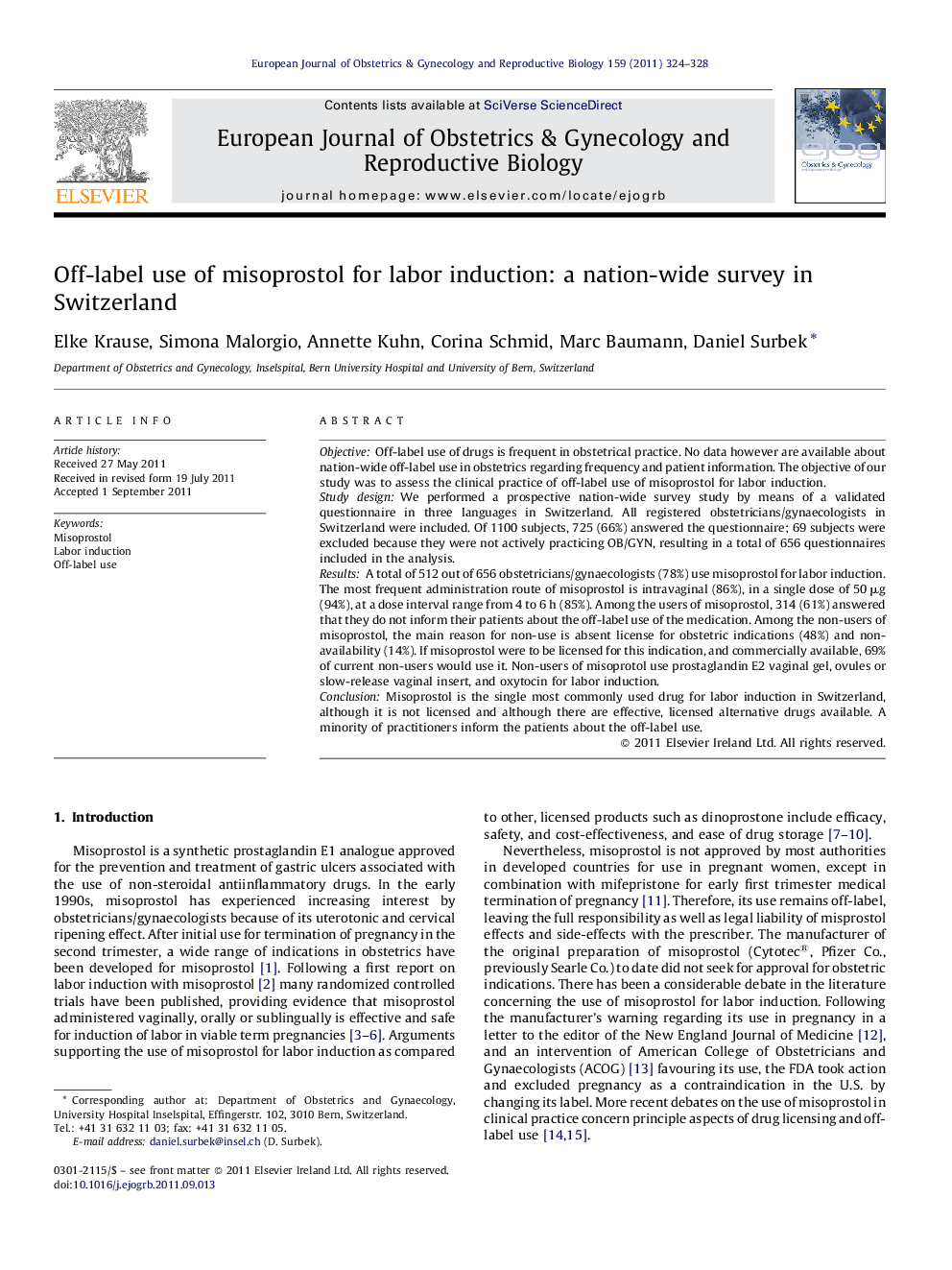 Off-label use of misoprostol for labor induction: a nation-wide survey in Switzerland