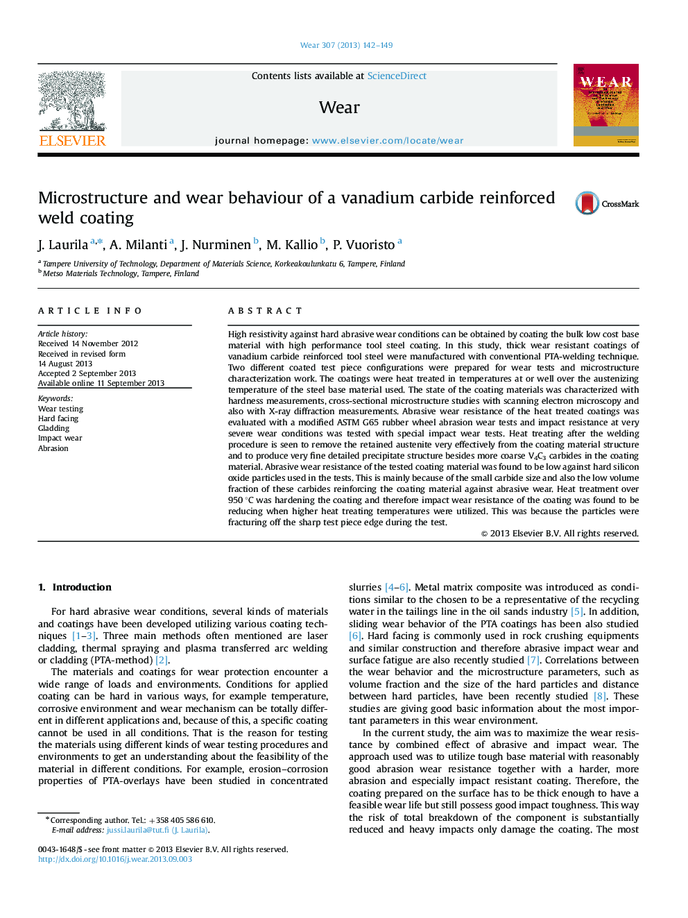 Microstructure and wear behaviour of a vanadium carbide reinforced weld coating