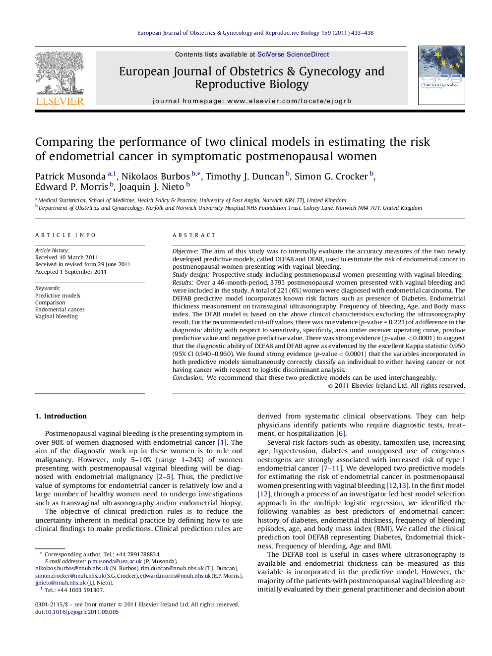 Comparing the performance of two clinical models in estimating the risk of endometrial cancer in symptomatic postmenopausal women