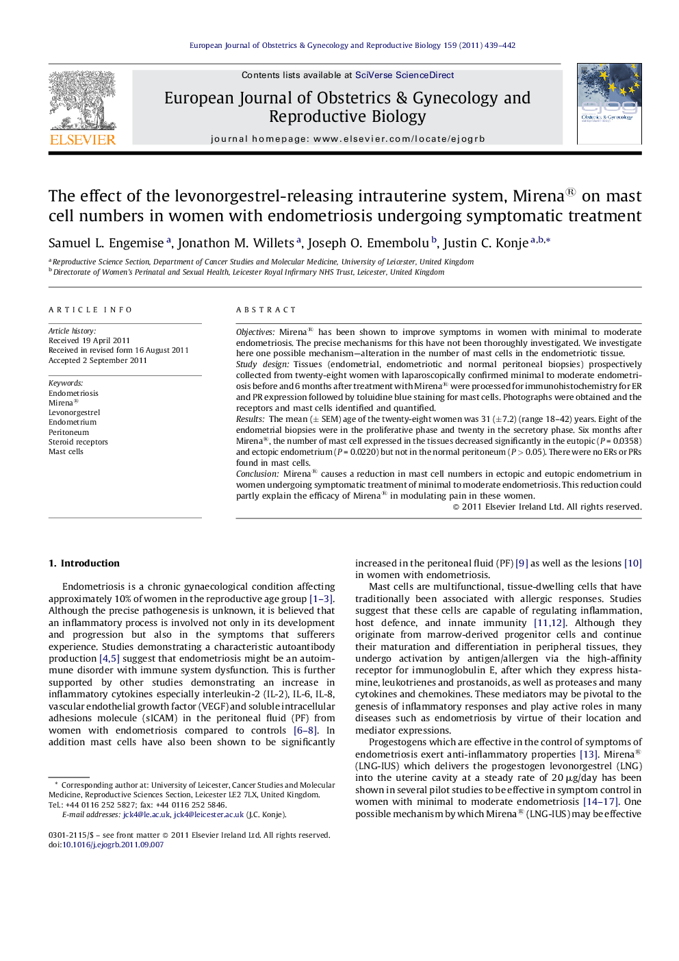 The effect of the levonorgestrel-releasing intrauterine system, Mirena® on mast cell numbers in women with endometriosis undergoing symptomatic treatment