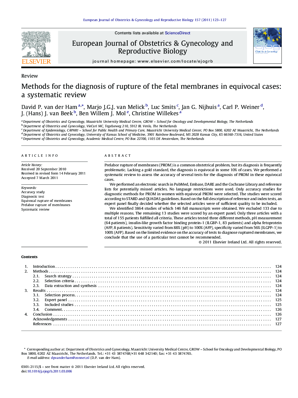 Methods for the diagnosis of rupture of the fetal membranes in equivocal cases: a systematic review