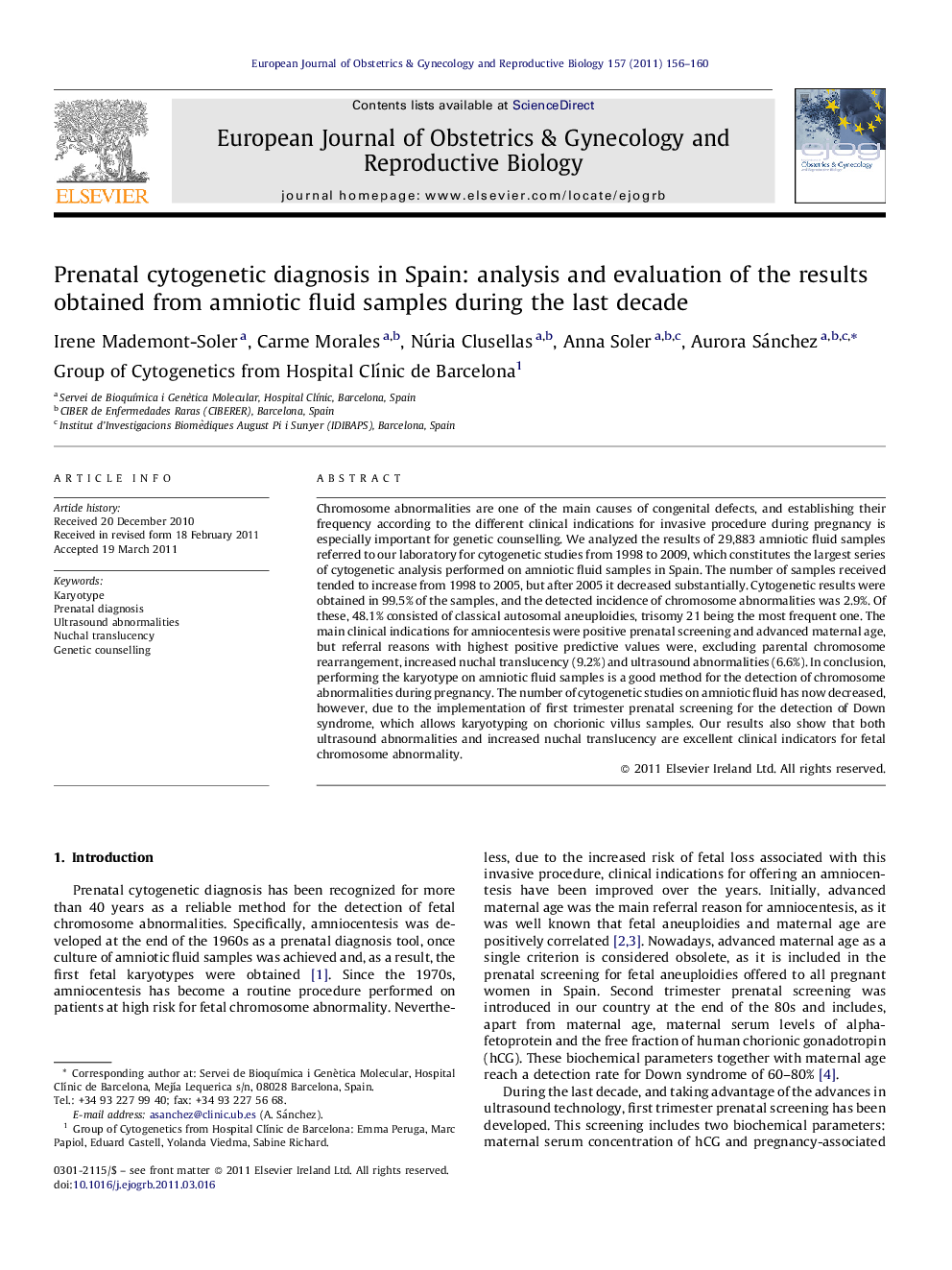 Prenatal cytogenetic diagnosis in Spain: analysis and evaluation of the results obtained from amniotic fluid samples during the last decade