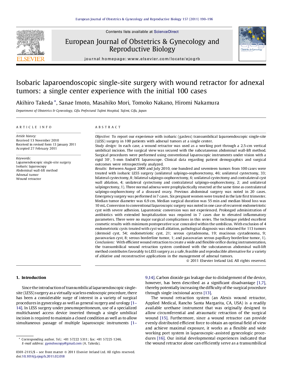 Isobaric laparoendoscopic single-site surgery with wound retractor for adnexal tumors: a single center experience with the initial 100 cases