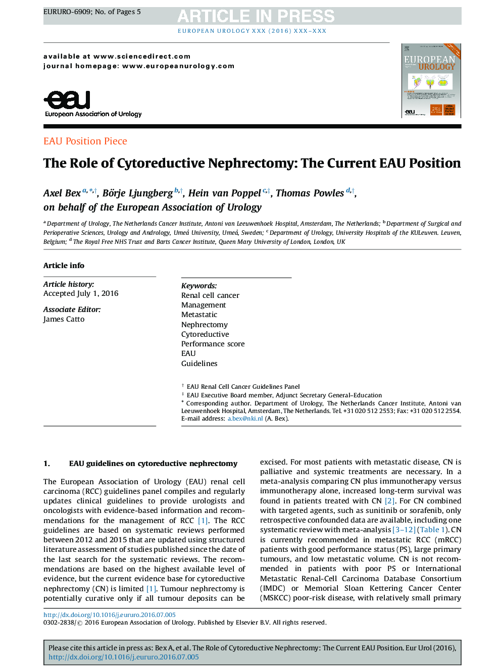 The Role of Cytoreductive Nephrectomy: European Association of Urology Recommendations in 2016