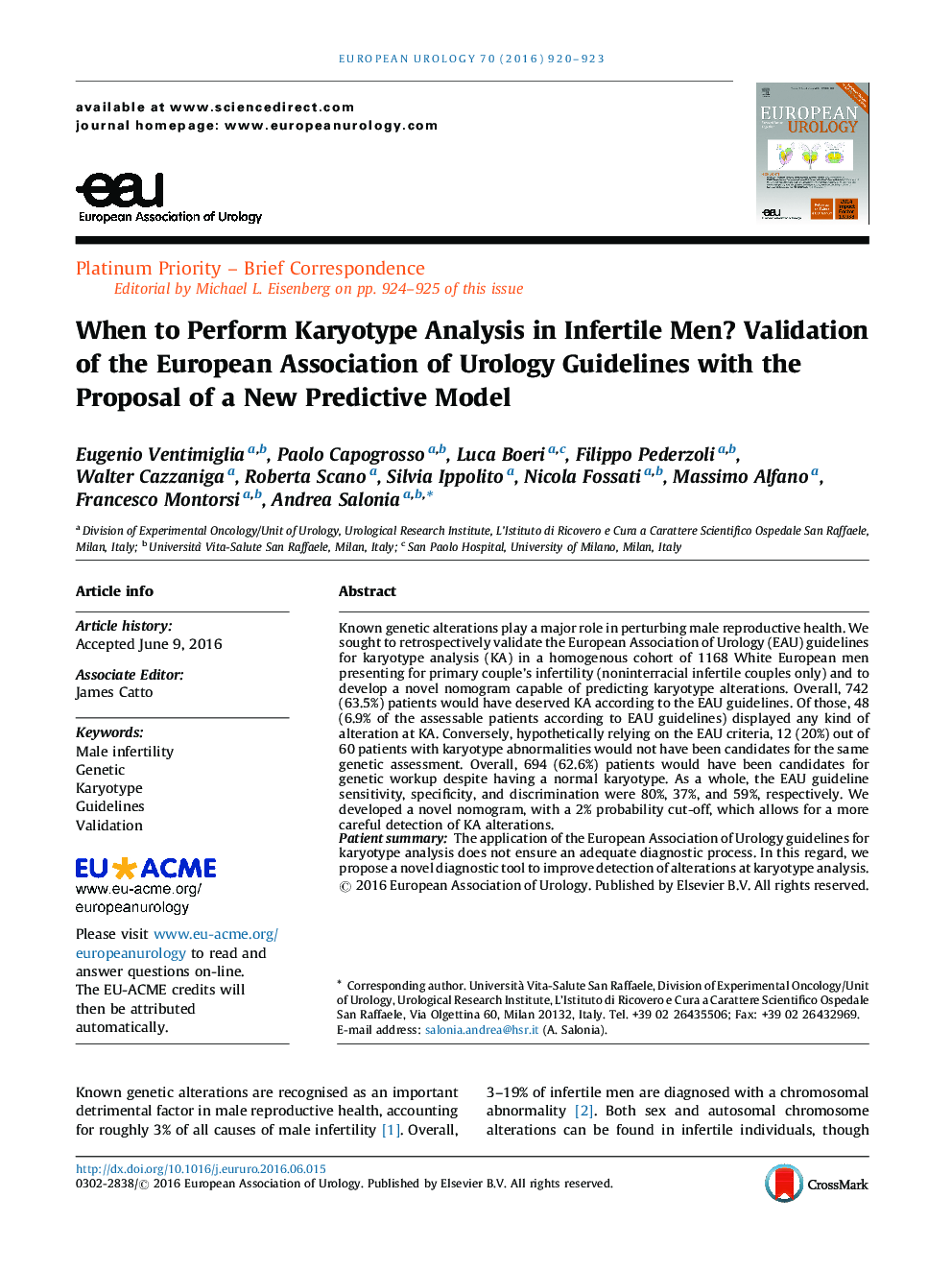 When to Perform Karyotype Analysis in Infertile Men? Validation of the European Association of Urology Guidelines with the Proposal of a New Predictive Model