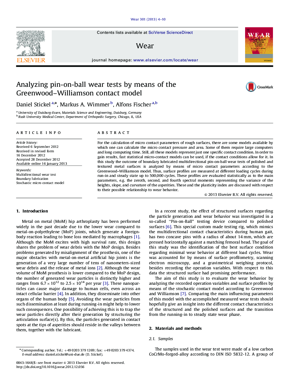 Analyzing pin-on-ball wear tests by means of the Greenwood–Williamson contact model