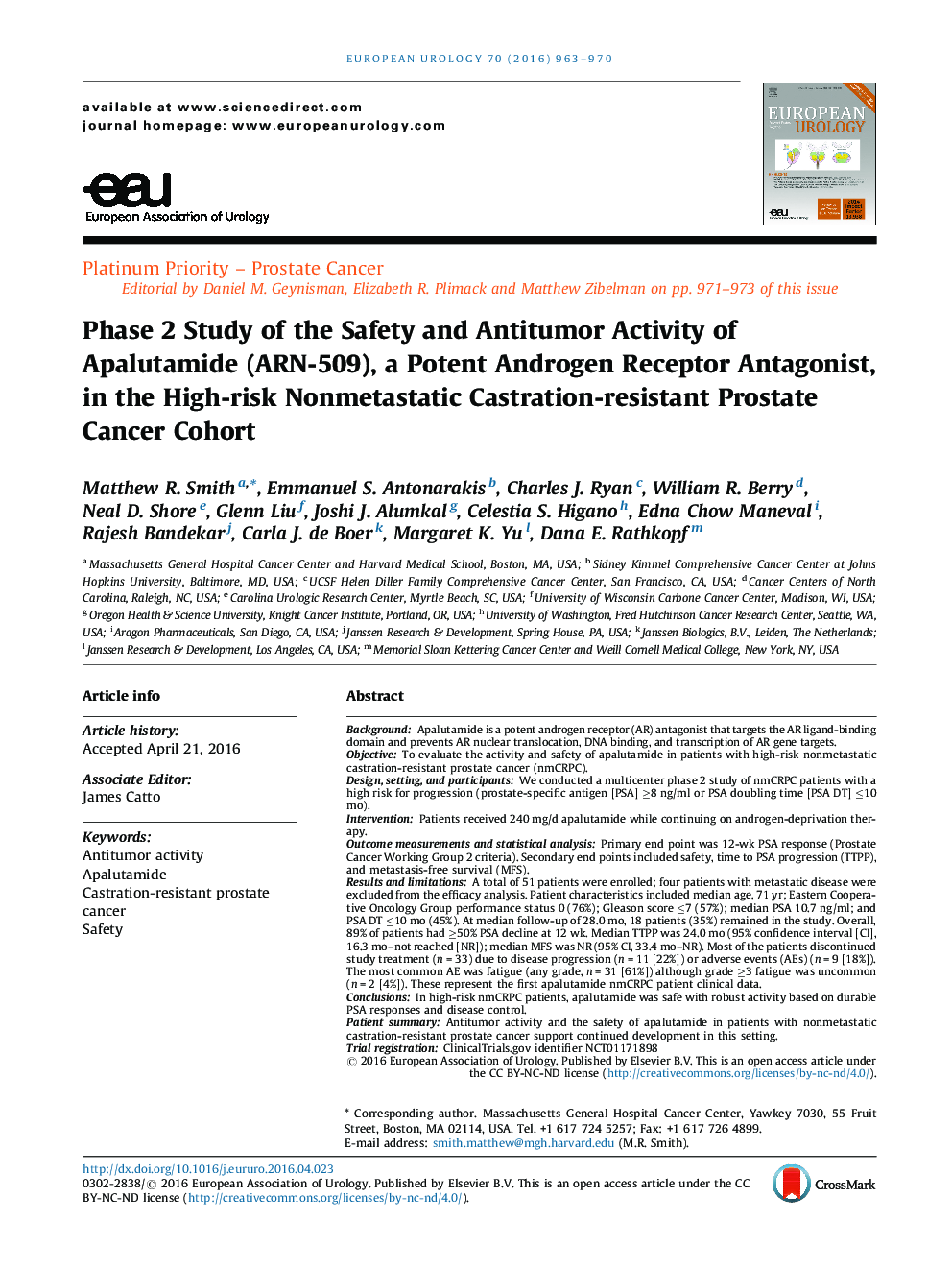 Phase 2 Study of the Safety and Antitumor Activity of Apalutamide (ARN-509), a Potent Androgen Receptor Antagonist, in the High-risk Nonmetastatic Castration-resistant Prostate Cancer Cohort