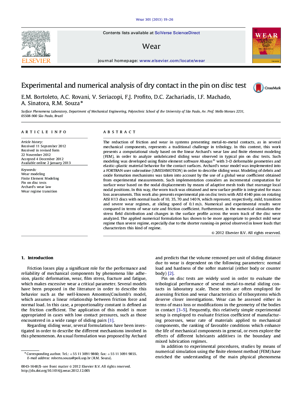 عکس صفحه اول مقاله: Experimental and numerical analysis of dry contact in the pin on disc test Experimental and numerical analysis of dry contact in the pin on disc test