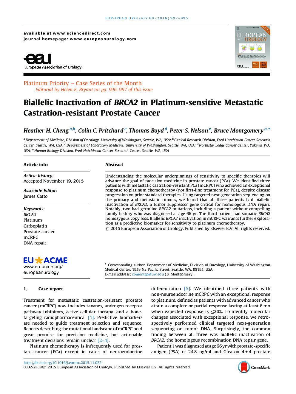 Biallelic Inactivation of BRCA2 in Platinum-sensitive Metastatic Castration-resistant Prostate Cancer