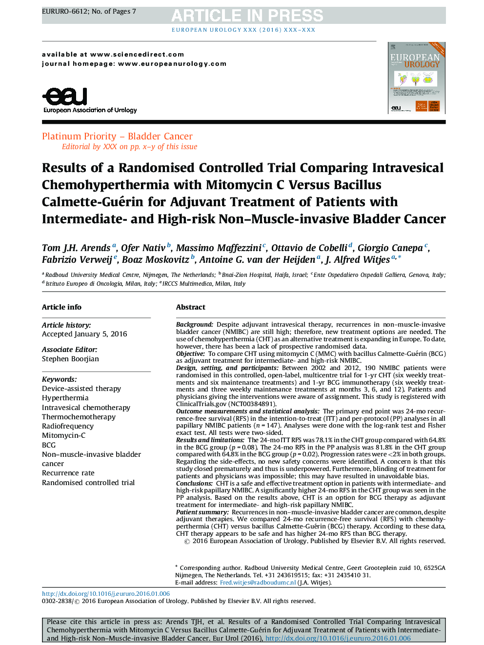 Results of a Randomised Controlled Trial Comparing Intravesical Chemohyperthermia with Mitomycin C Versus Bacillus Calmette-Guérin for Adjuvant Treatment of Patients with Intermediate- and High-risk Non-Muscle-invasive Bladder Cancer