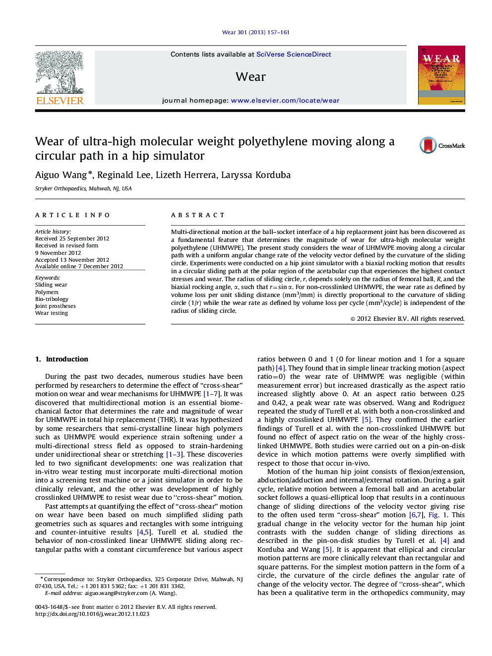 Wear of ultra-high molecular weight polyethylene moving along a circular path in a hip simulator