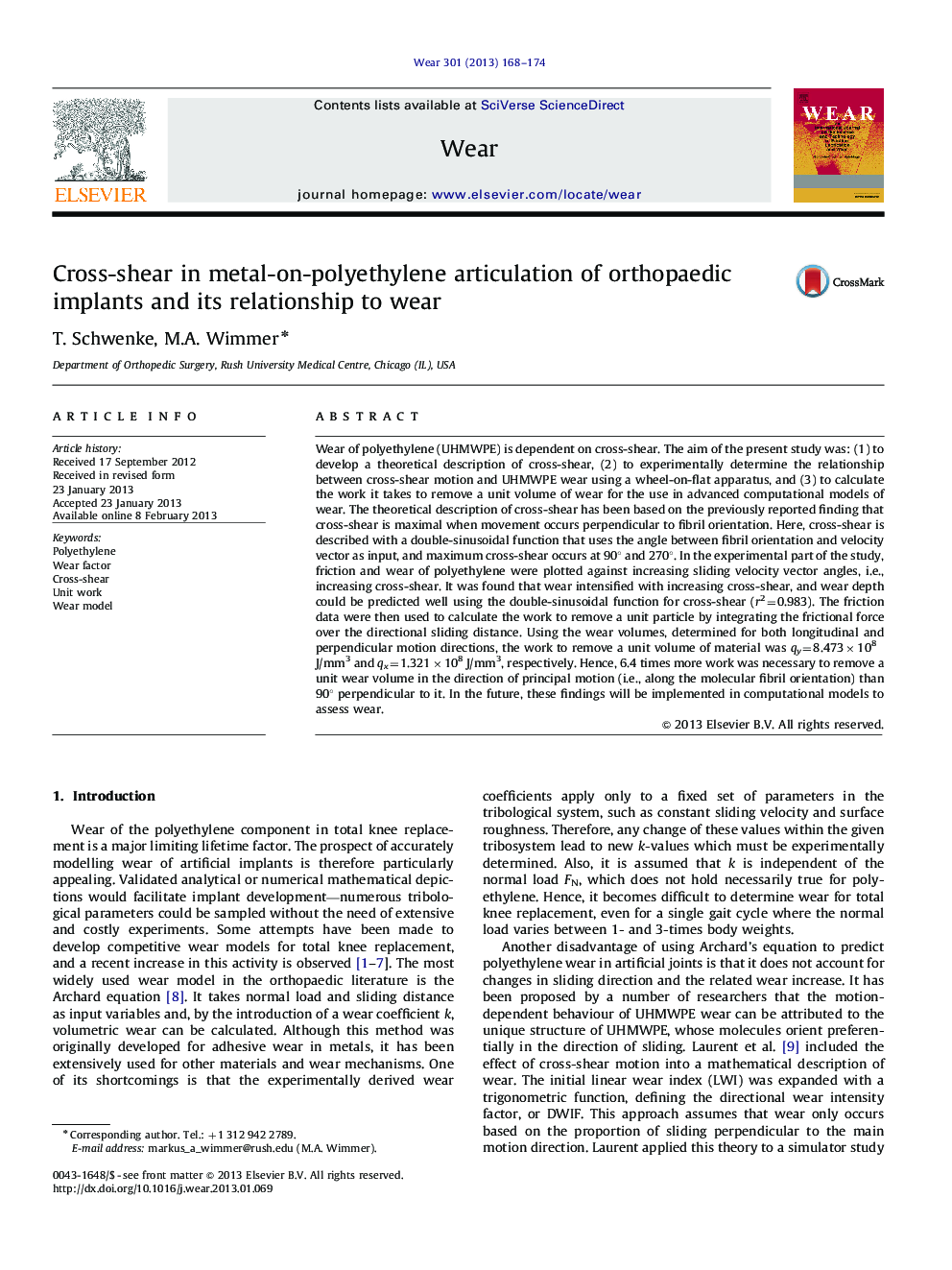 Cross-shear in metal-on-polyethylene articulation of orthopaedic implants and its relationship to wear