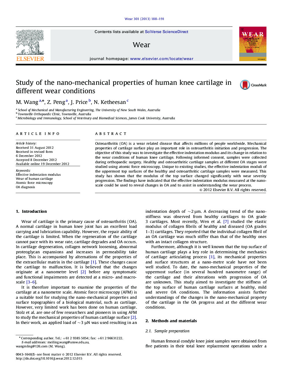 عکس صفحه اول مقاله: Study of the nano-mechanical properties of human knee cartilage in different wear conditions Study of the nano-mechanical properties of human knee cartilage in different wear conditions
