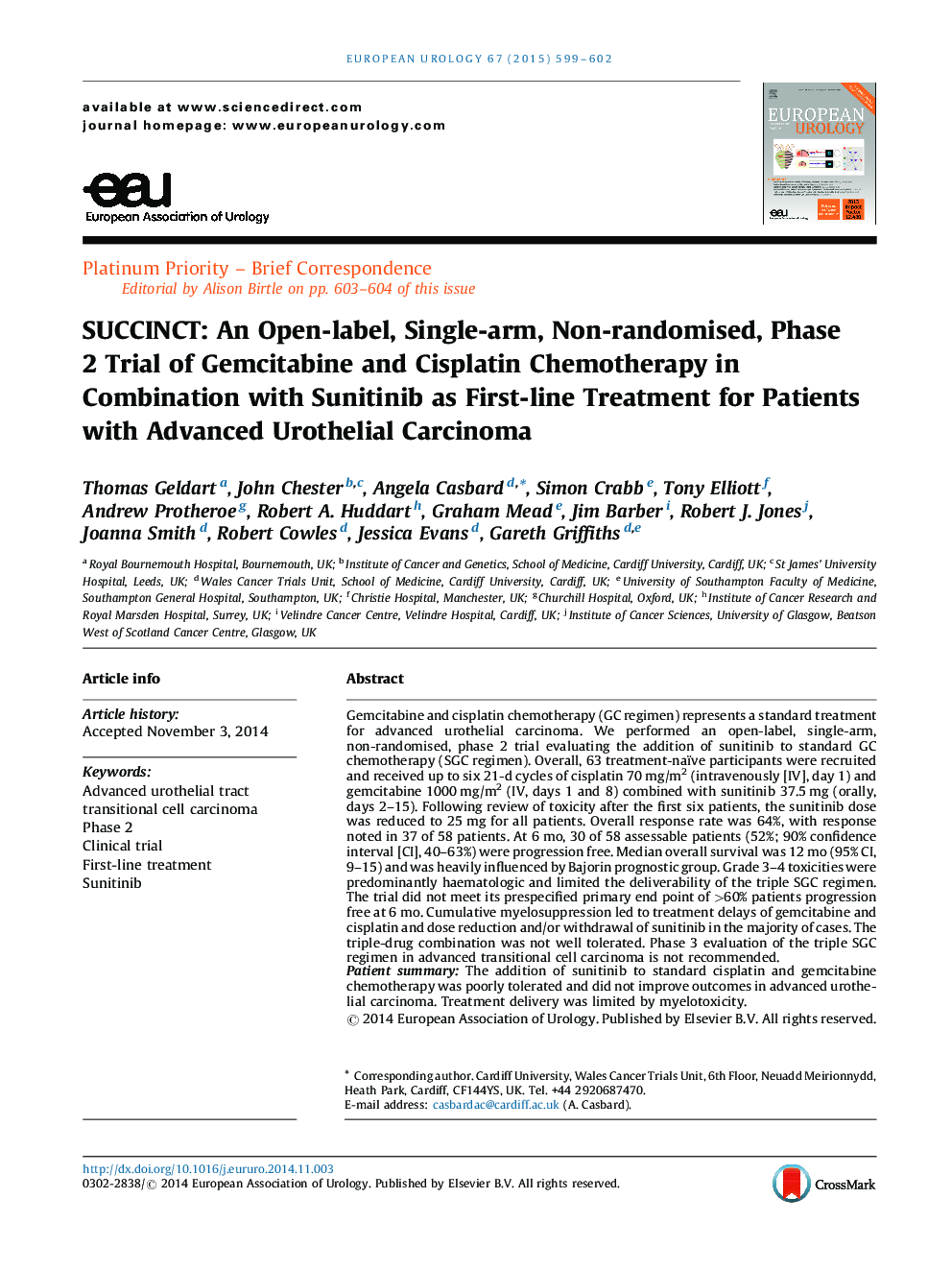 SUCCINCT: An Open-label, Single-arm, Non-randomised, Phase 2 Trial of Gemcitabine and Cisplatin Chemotherapy in Combination with Sunitinib as First-line Treatment for Patients with Advanced Urothelial Carcinoma