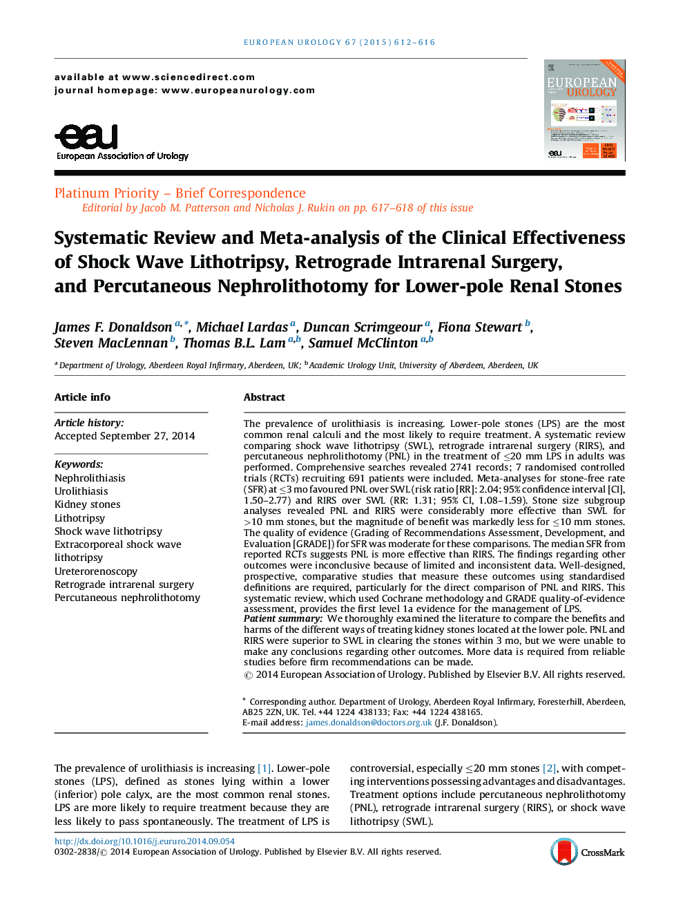 Systematic Review and Meta-analysis of the Clinical Effectiveness of Shock Wave Lithotripsy, Retrograde Intrarenal Surgery, and Percutaneous Nephrolithotomy for Lower-pole Renal Stones