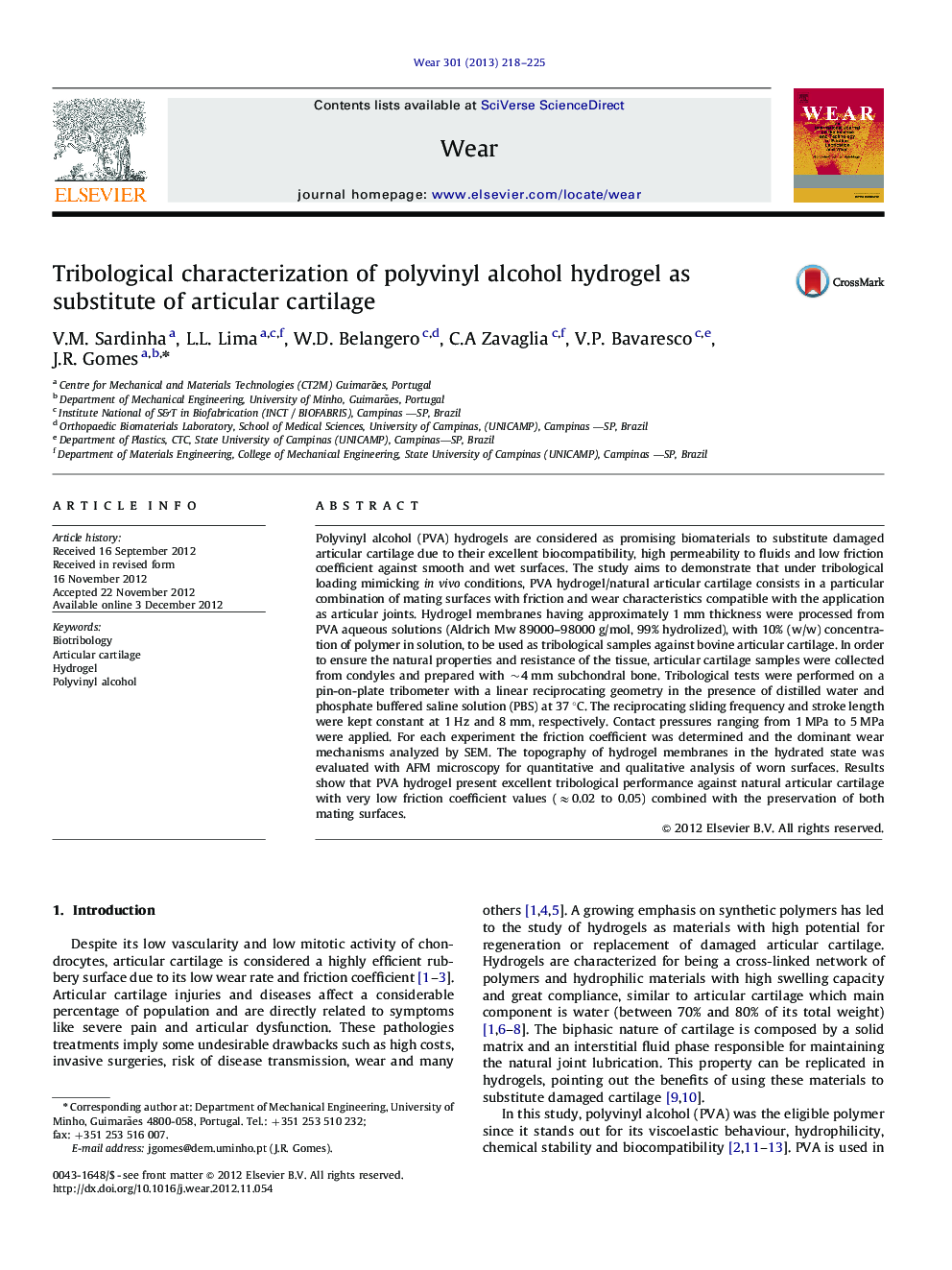 Tribological characterization of polyvinyl alcohol hydrogel as substitute of articular cartilage