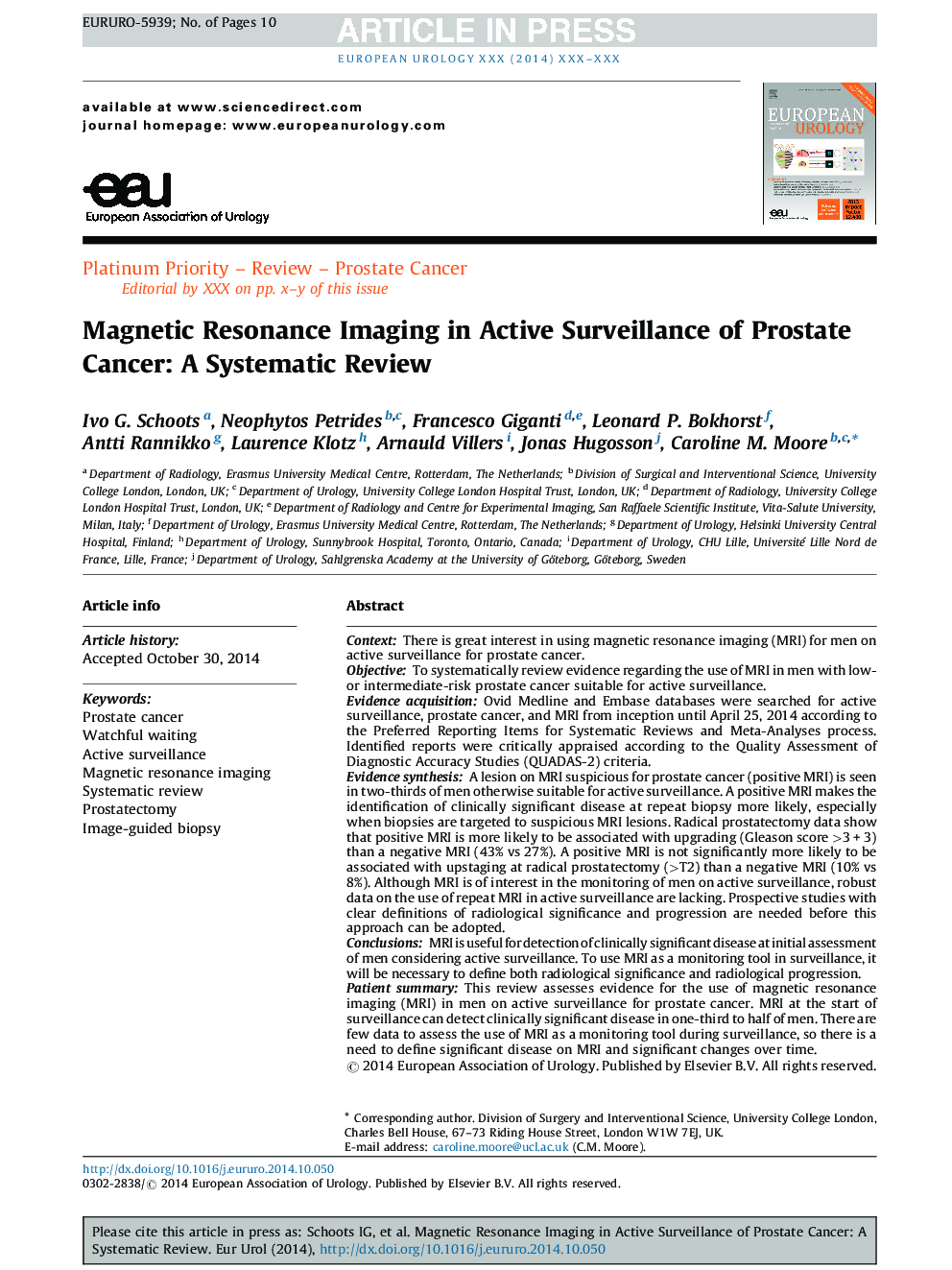 تصویربرداری رزونانس مغناطیسی در نظارت فعال سرطان پروستات: بازنگری سیستماتیک 