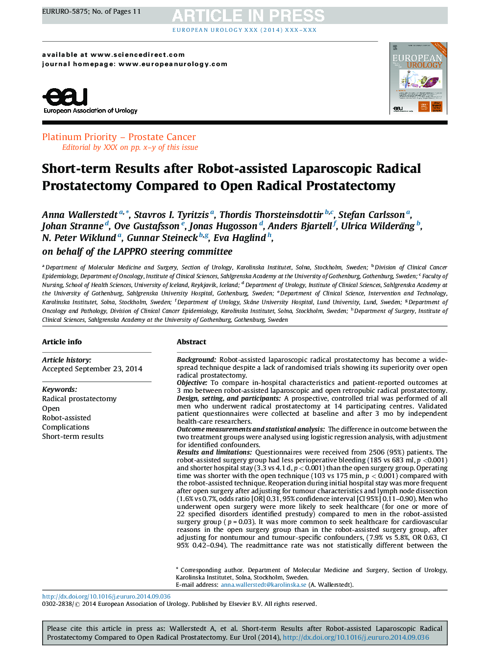 Short-term Results after Robot-assisted Laparoscopic Radical Prostatectomy Compared to Open Radical Prostatectomy