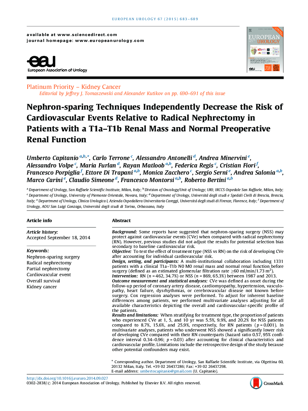 Nephron-sparing Techniques Independently Decrease the Risk of Cardiovascular Events Relative to Radical Nephrectomy in Patients with a T1a-T1b Renal Mass and Normal Preoperative Renal Function