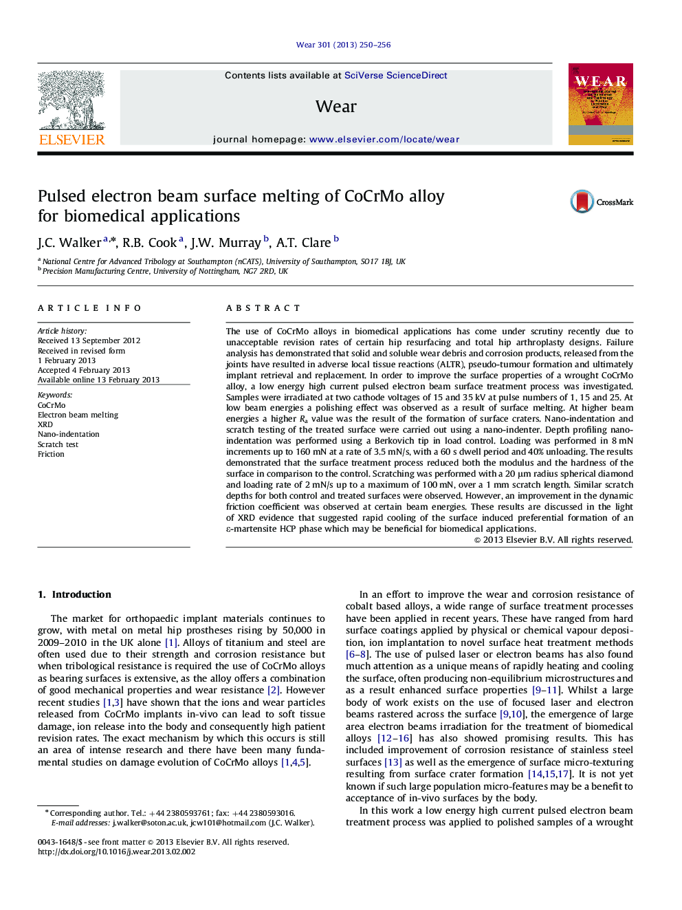 عکس صفحه اول مقاله: Pulsed electron beam surface melting of CoCrMo alloy for biomedical applications Pulsed electron beam surface melting of CoCrMo alloy for biomedical applications