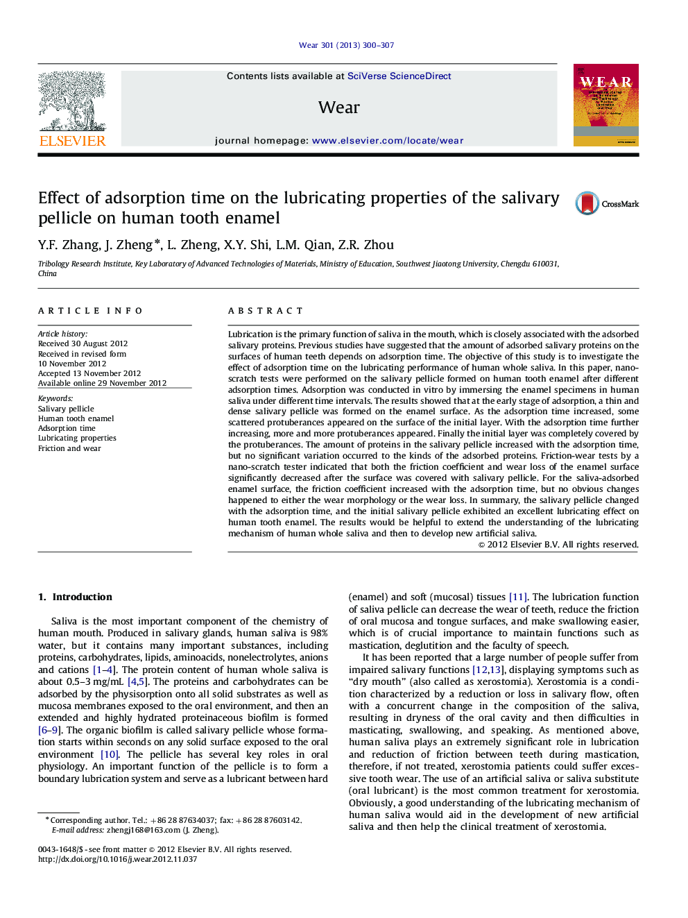 Effect of adsorption time on the lubricating properties of the salivary pellicle on human tooth enamel