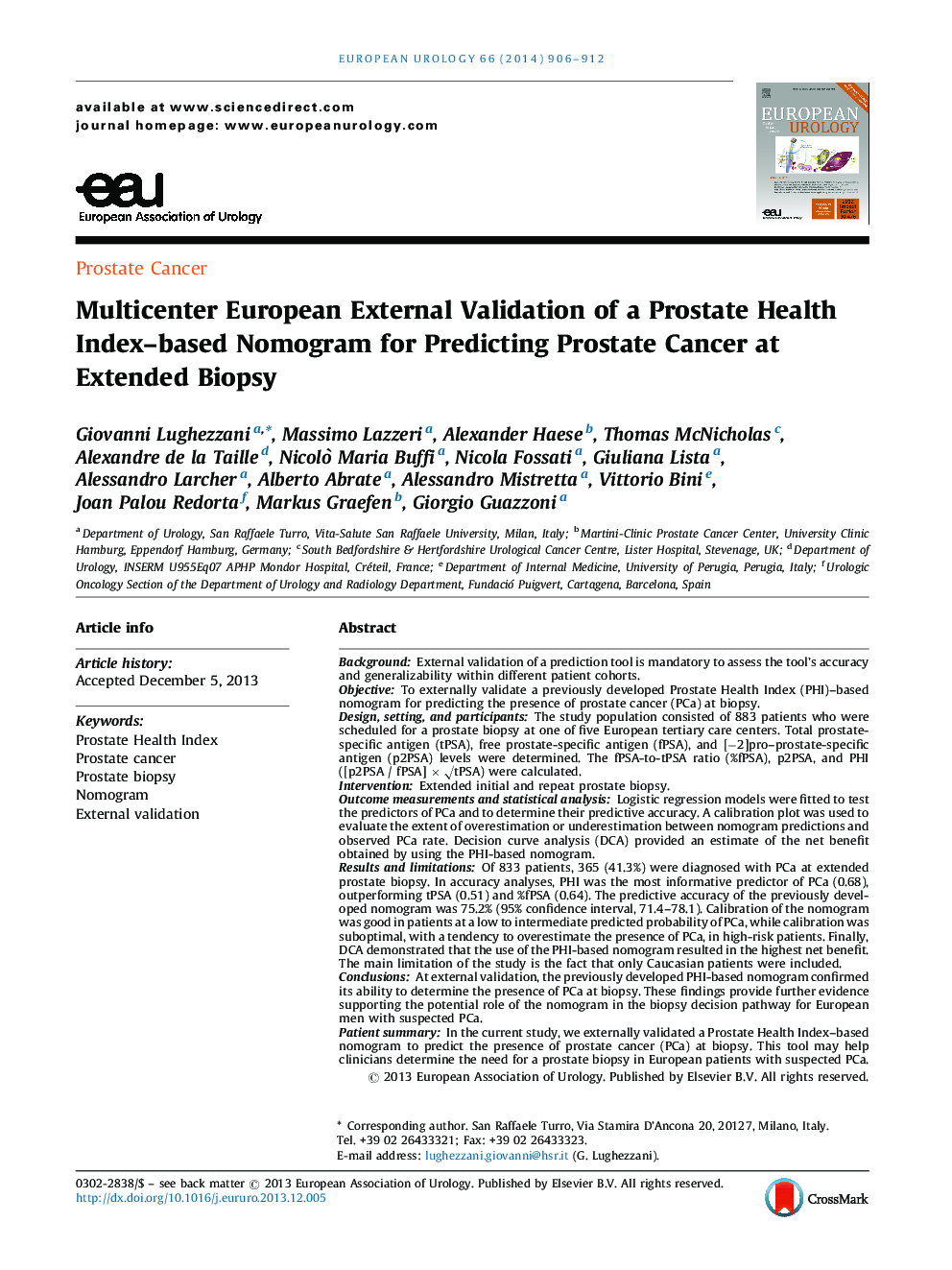 Multicenter European External Validation of a Prostate Health Index-based Nomogram for Predicting Prostate Cancer at Extended Biopsy