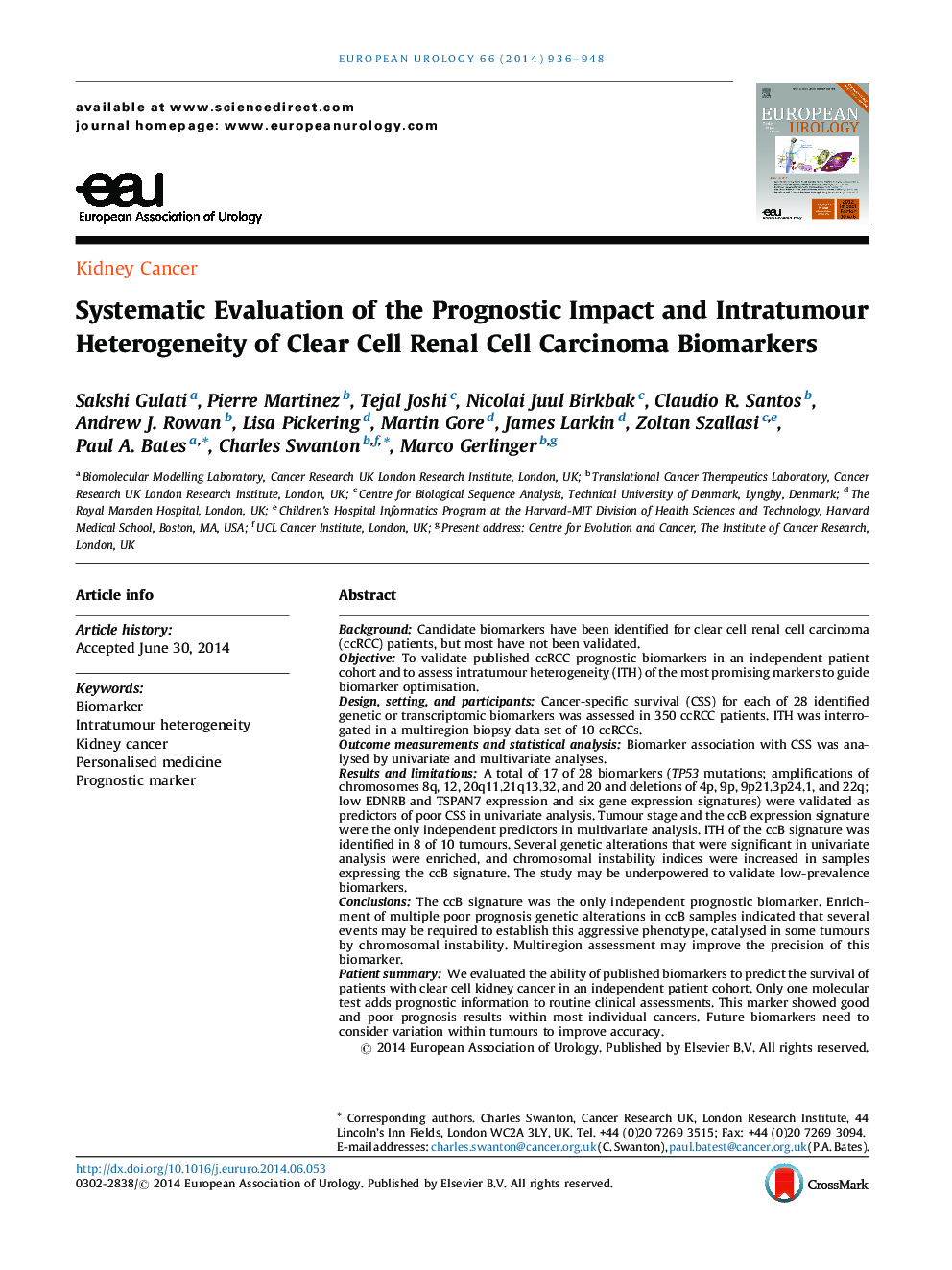 Systematic Evaluation of the Prognostic Impact and Intratumour Heterogeneity of Clear Cell Renal Cell Carcinoma Biomarkers