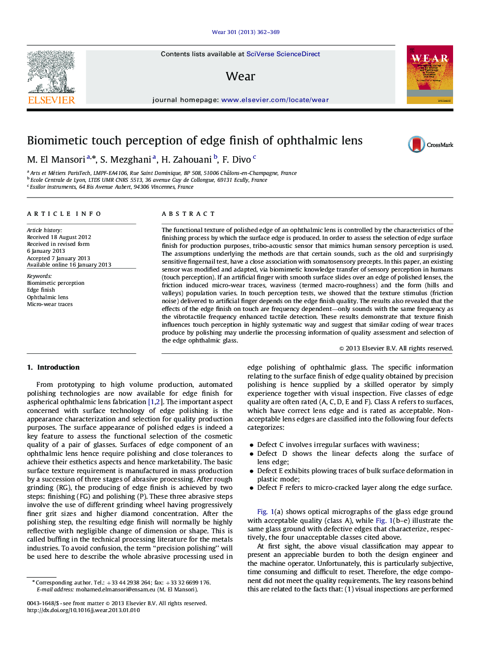 عکس صفحه اول مقاله: Biomimetic touch perception of edge finish of ophthalmic lens Biomimetic touch perception of edge finish of ophthalmic lens