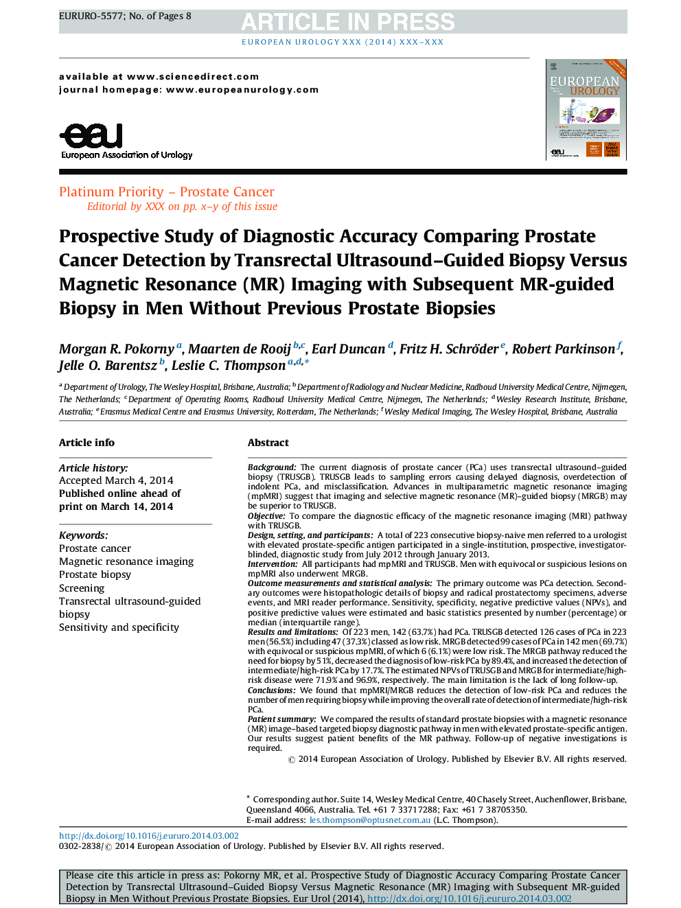 Prospective Study of Diagnostic Accuracy Comparing Prostate Cancer Detection by Transrectal Ultrasound-Guided Biopsy Versus Magnetic Resonance (MR) Imaging with Subsequent MR-guided Biopsy in Men Without Previous Prostate Biopsies