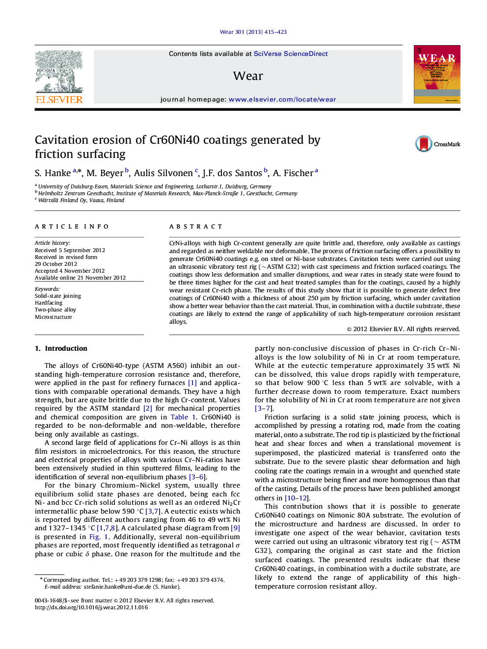 Cavitation erosion of Cr60Ni40 coatings generated by friction surfacing