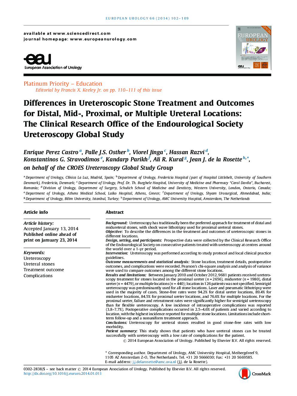 Differences in Ureteroscopic Stone Treatment and Outcomes for Distal, Mid-, Proximal, or Multiple Ureteral Locations: The Clinical Research Office of the Endourological Society Ureteroscopy Global Study