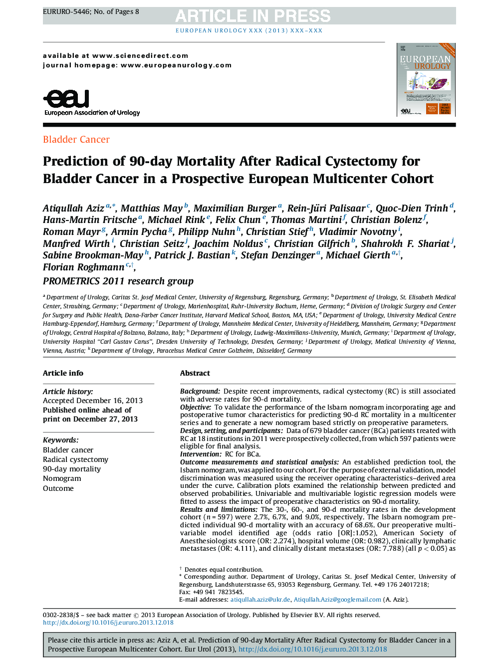 Prediction of 90-day Mortality After Radical Cystectomy for Bladder Cancer in a Prospective European Multicenter Cohort