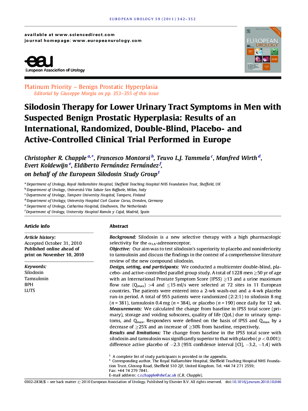 Silodosin Therapy for Lower Urinary Tract Symptoms in Men with Suspected Benign Prostatic Hyperplasia: Results of an International, Randomized, Double-Blind, Placebo- and Active-Controlled Clinical Trial Performed in Europe