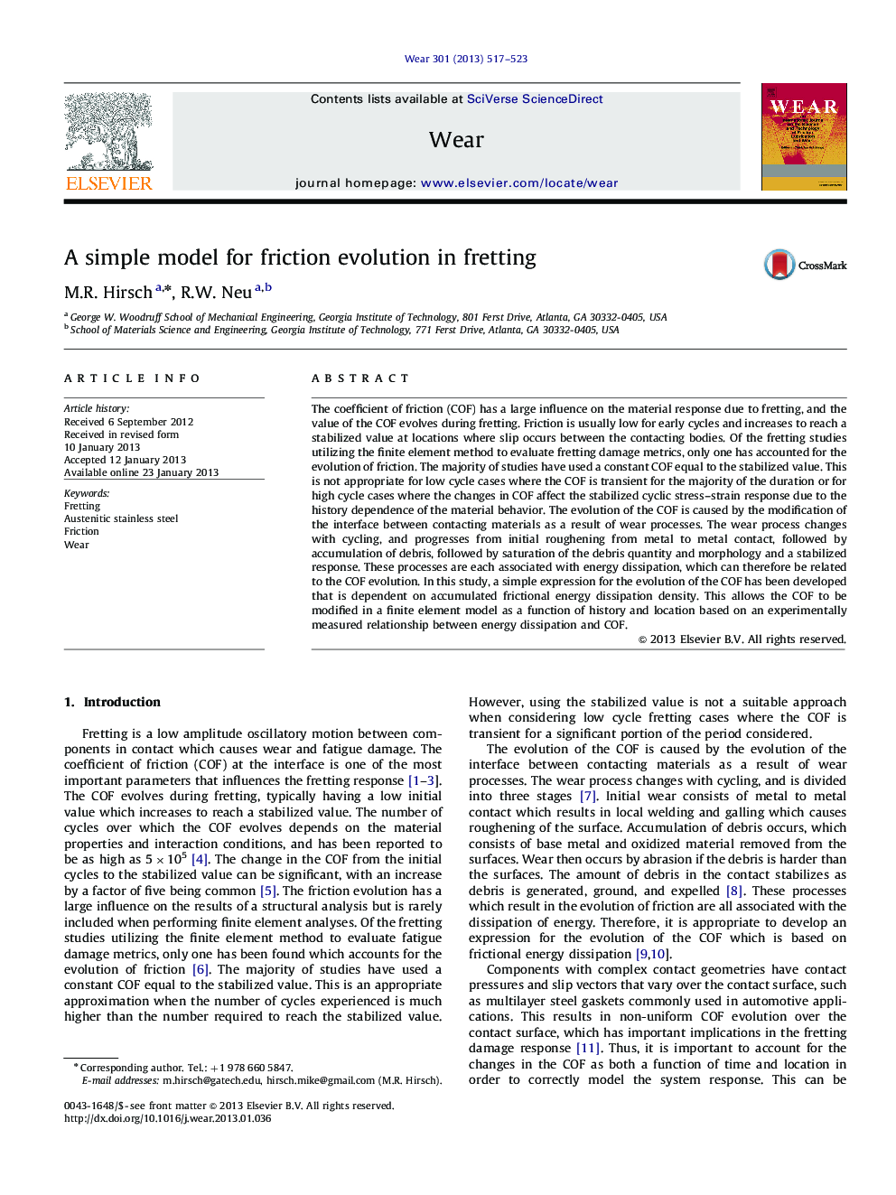 A simple model for friction evolution infretting