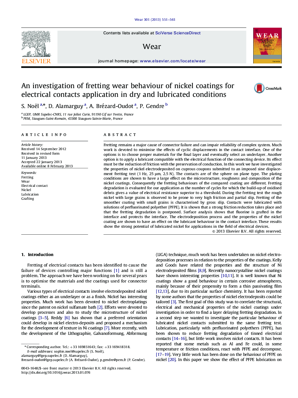 An investigation of fretting wear behaviour of nickel coatings for electrical contacts application in dry and lubricated conditions