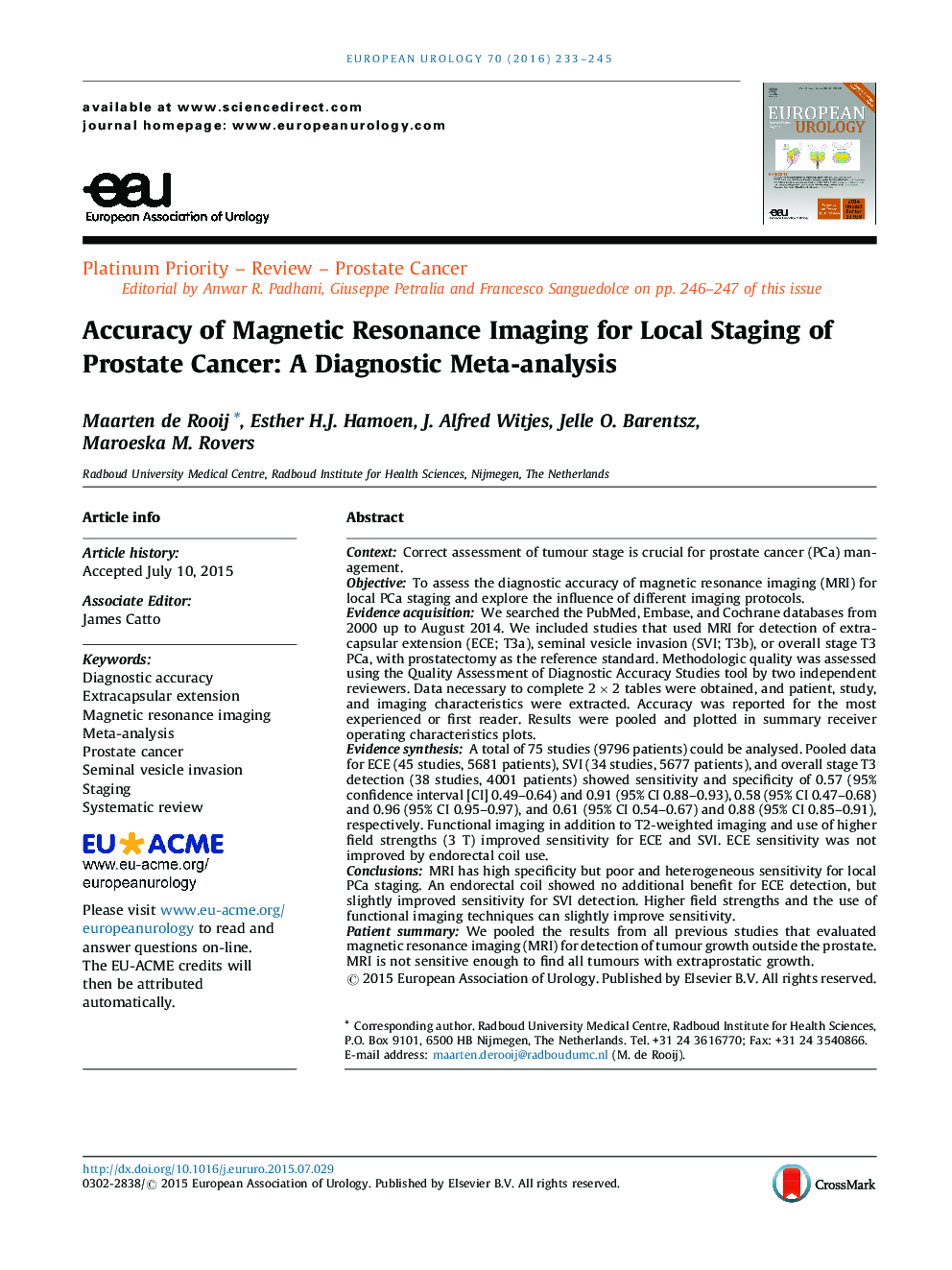 Accuracy of Magnetic Resonance Imaging for Local Staging of Prostate Cancer: A Diagnostic Meta-analysis