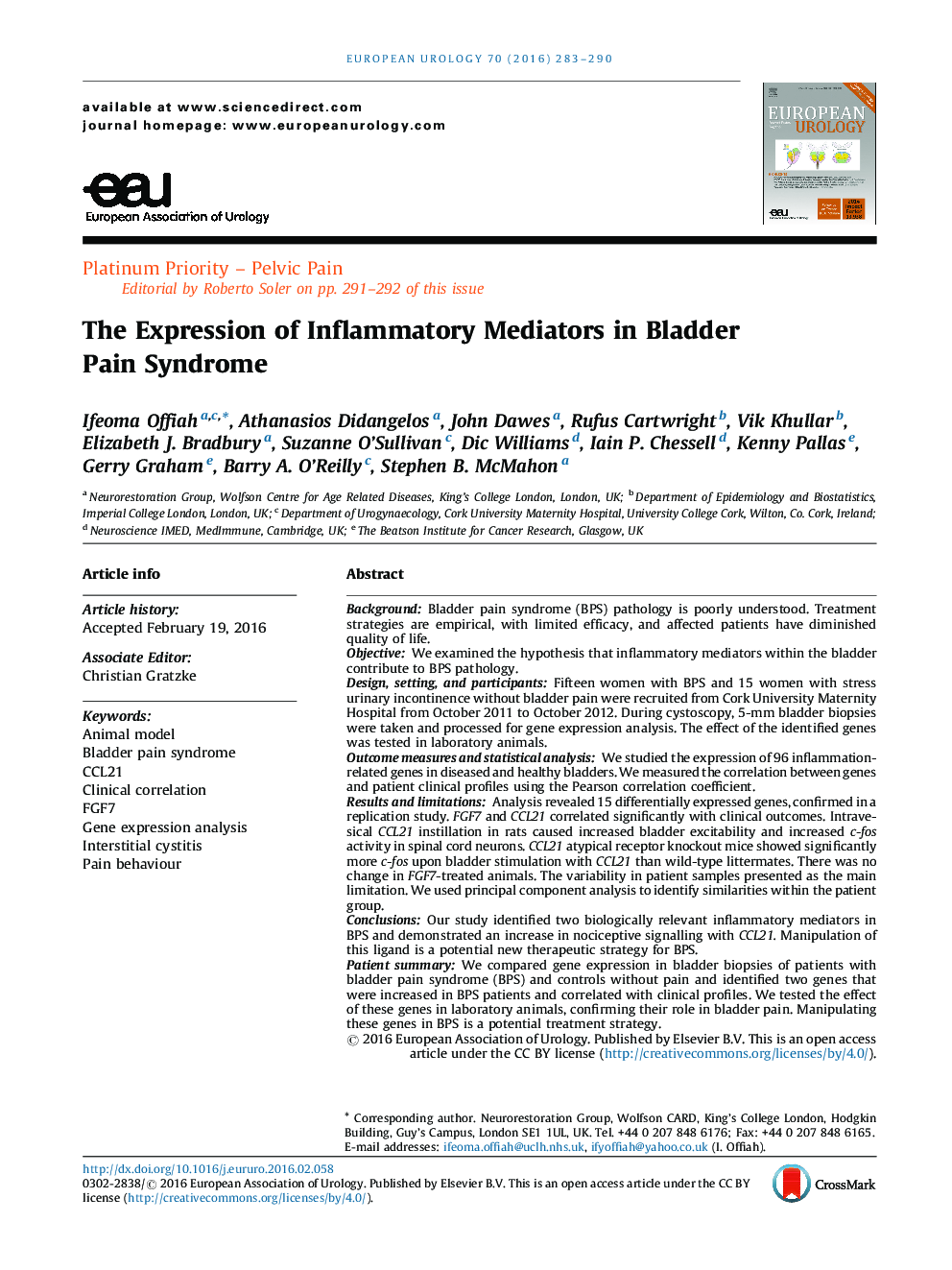 The Expression of Inflammatory Mediators in Bladder Pain Syndrome