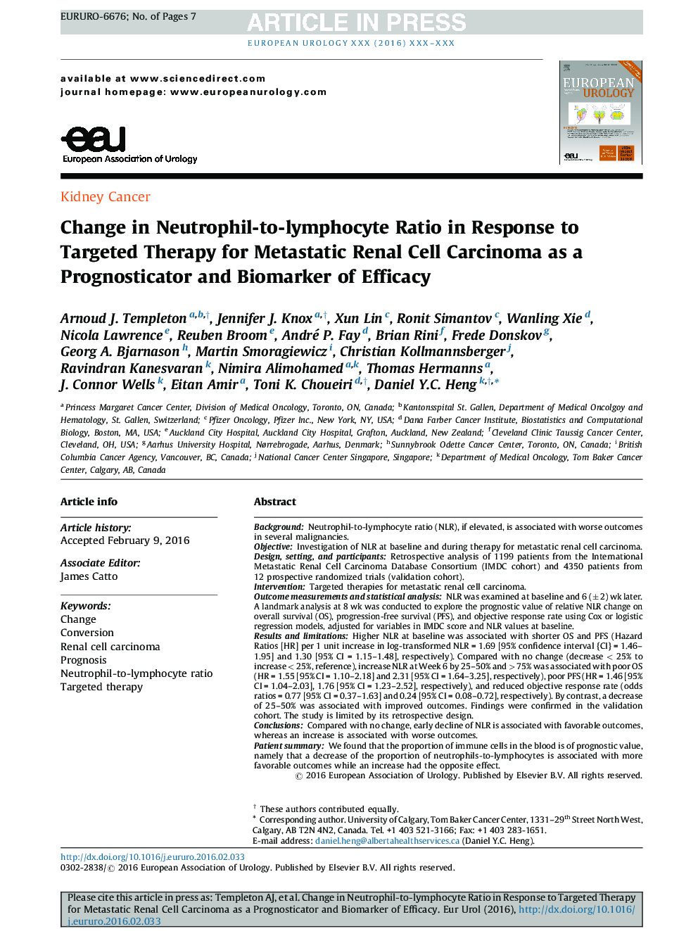 Change in Neutrophil-to-lymphocyte Ratio in Response to Targeted Therapy for Metastatic Renal Cell Carcinoma as a Prognosticator and Biomarker of Efficacy