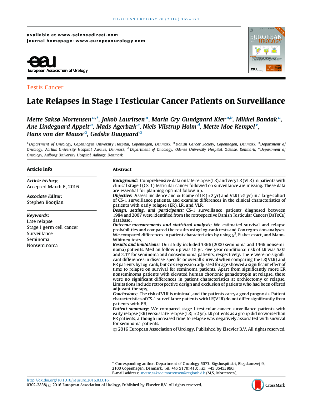 Late Relapses in Stage I Testicular Cancer Patients on Surveillance