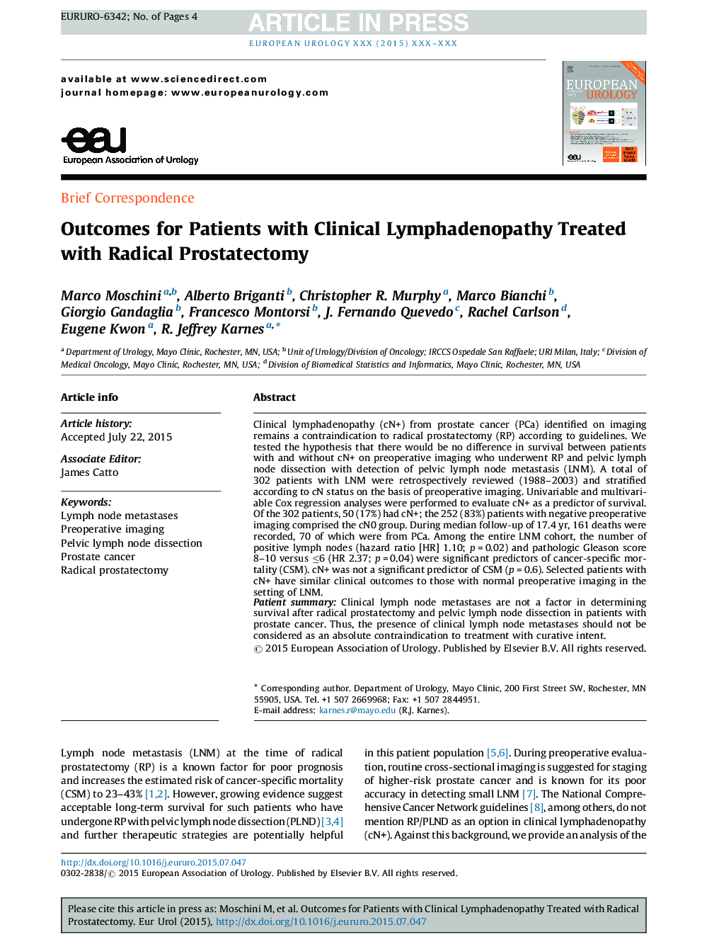 Outcomes for Patients with Clinical Lymphadenopathy Treated with Radical Prostatectomy