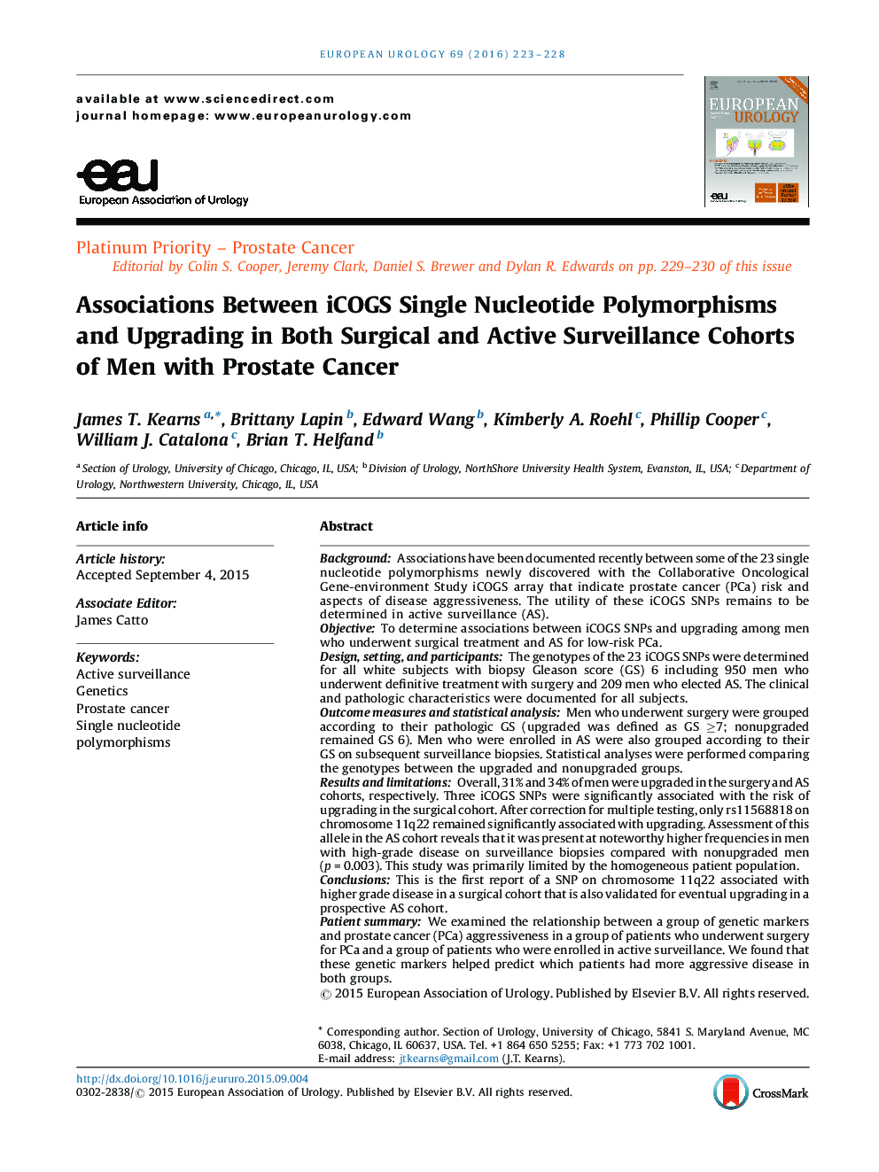 Associations Between iCOGS Single Nucleotide Polymorphisms and Upgrading in Both Surgical and Active Surveillance Cohorts of Men with Prostate Cancer